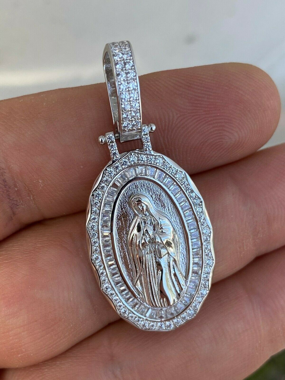 Real 925 Sterling Silver Virgin Mary Necklace Pendant Iced Diamond  Medallion Men