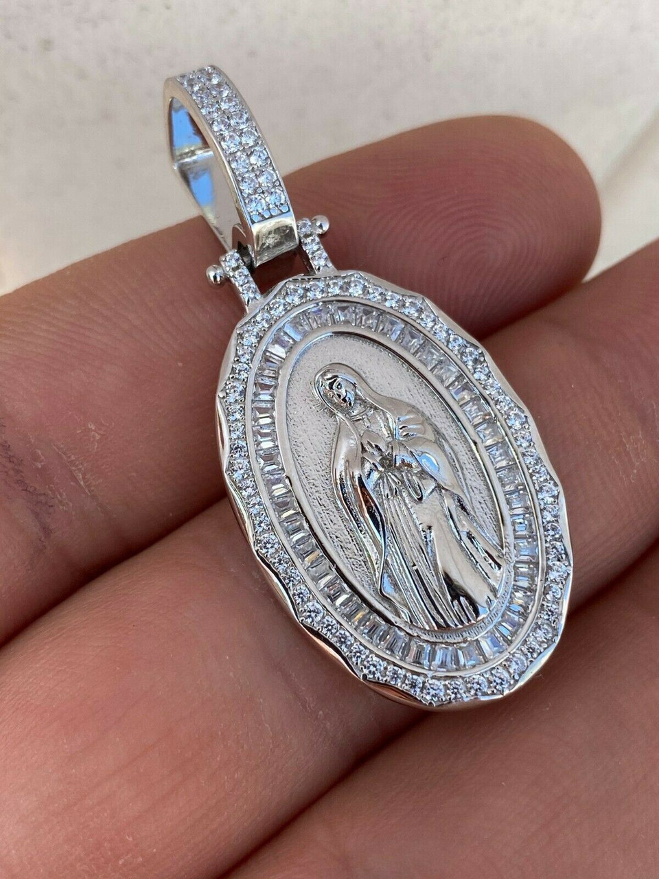 Real 925 Sterling Silver Virgin Mary Necklace Pendant Iced Diamond  Medallion Men