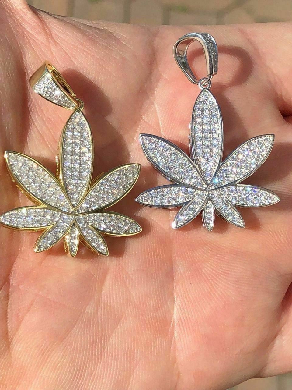 Mens Solid 925 Silver Real Icy Marijuana Weed Pot Leaf Diamond