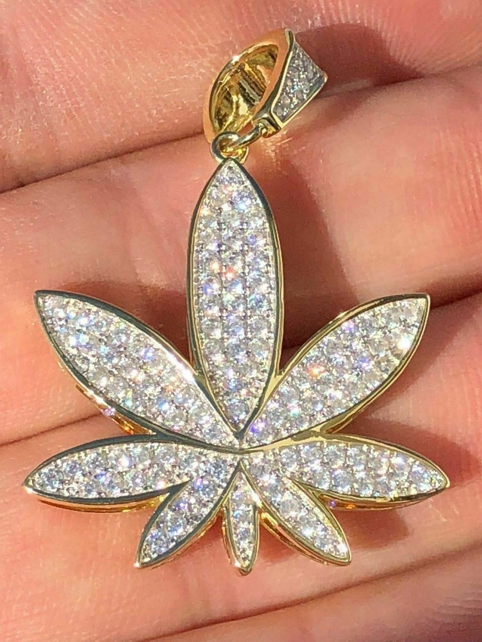 Mens Solid 925 Silver Real Icy Marijuana Weed Pot Leaf Diamond