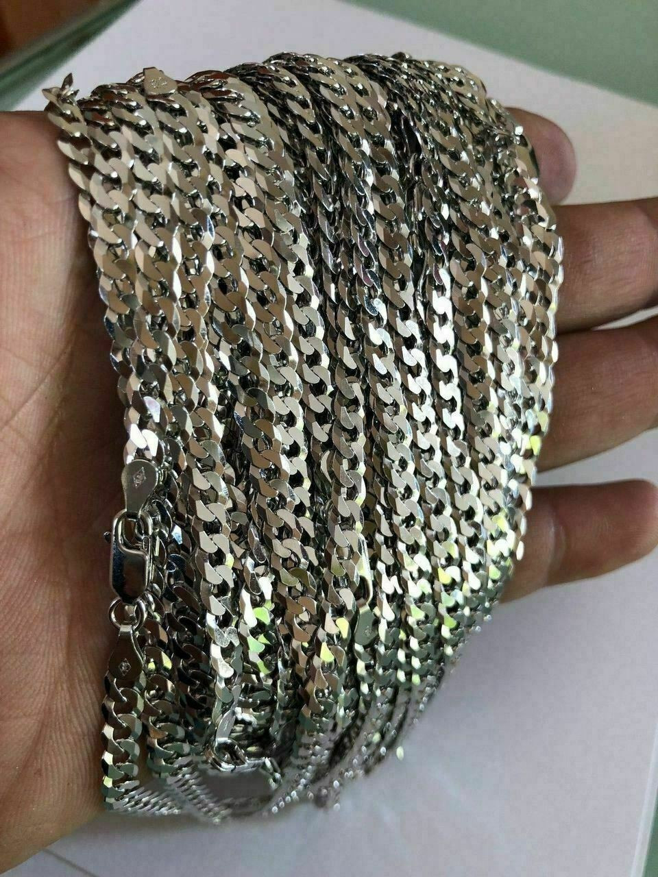 Solid 925 Silver Diamond Cut Flat Miami Curb Cuban Link Chain