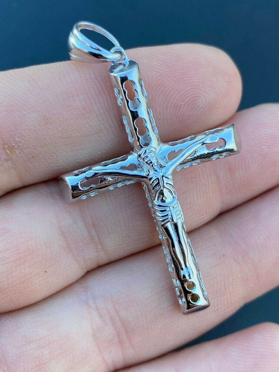 Real Solid 925 Sterling Silver Mens Cross Jesus Piece Crucifix Pendant  Necklace