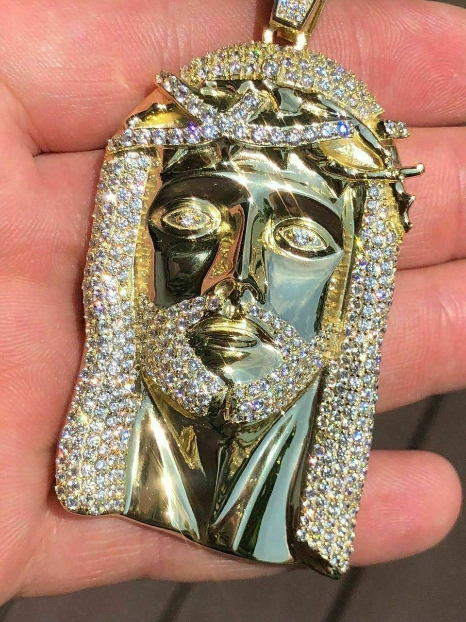 HUGE Mens Jesus Head Diamond Cross Piece Pendant 14k Gold Over 