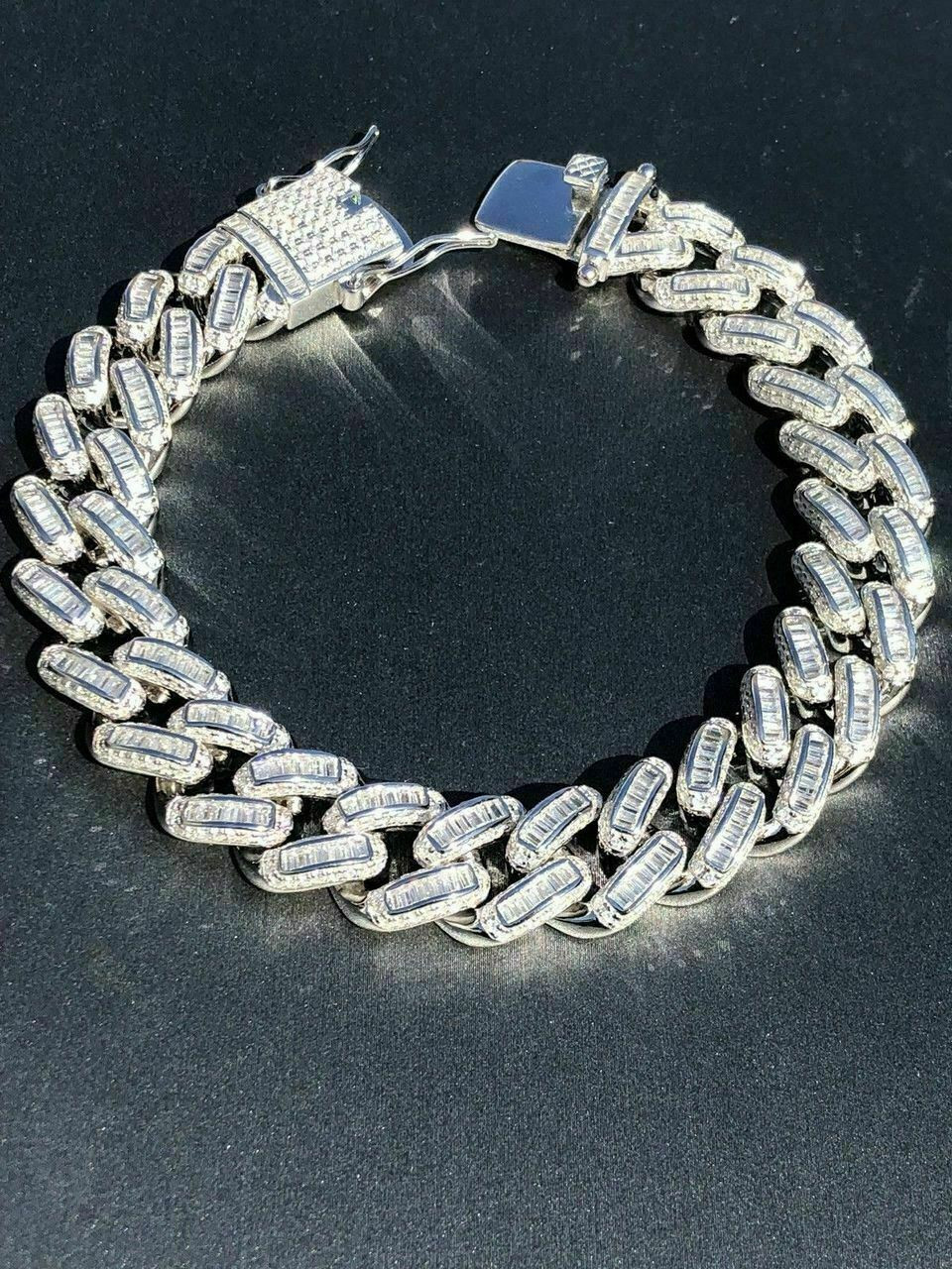 Mens Miami Cuban Link Bracelet Real Solid 925 Silver Baguette Diamonds Heavy