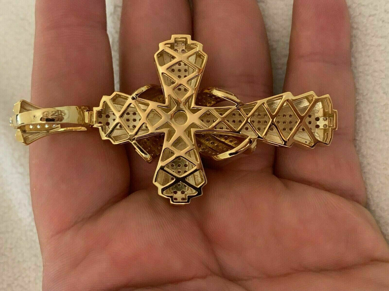 Men's Large Cross Pendant Solid 925 Sterling Silver 14k Gold