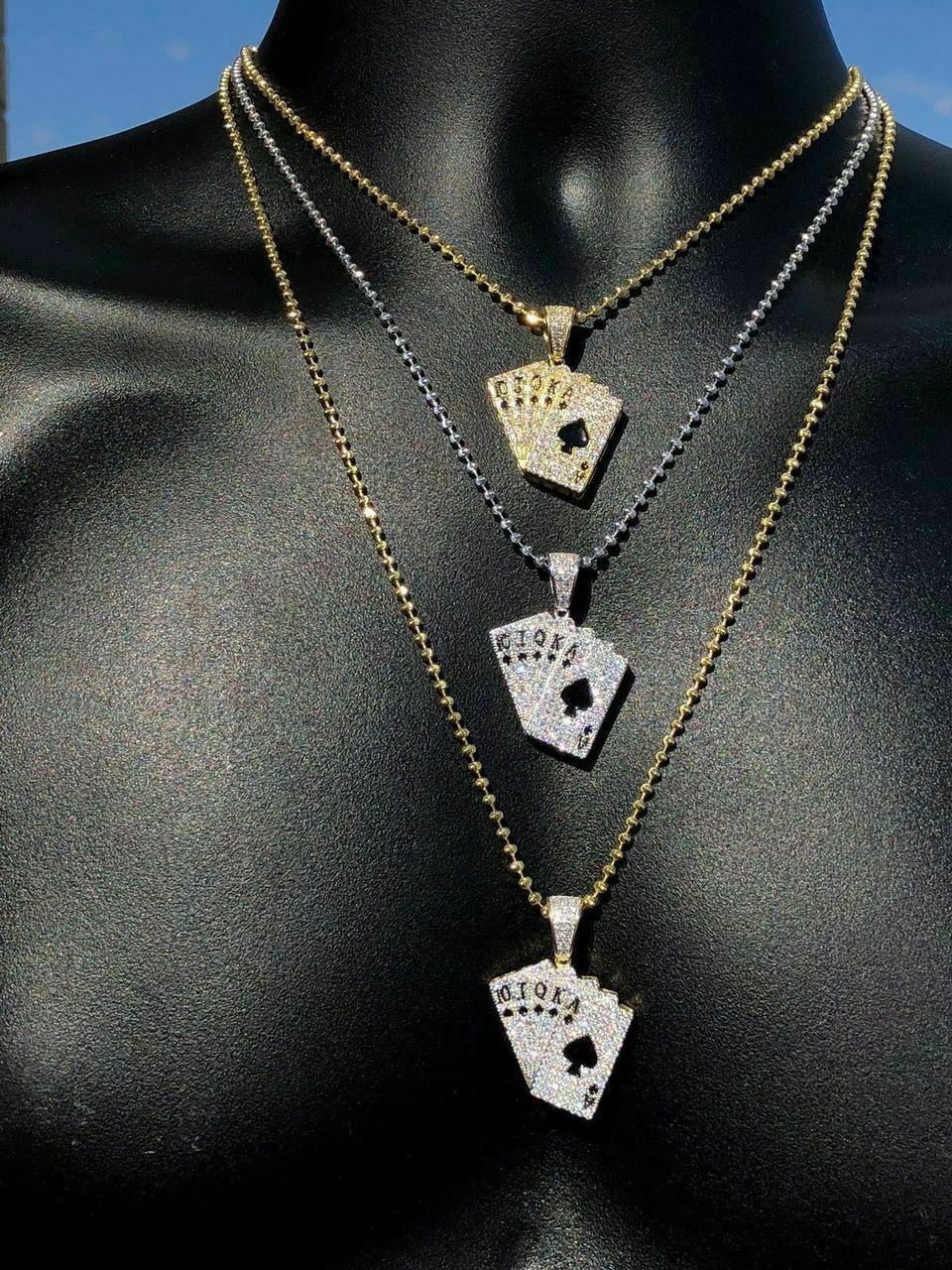 14K Yellow Gold Ace of Hearts Spades All In! Cards Pendant Charm Necklace  Gambling: 16459345297459