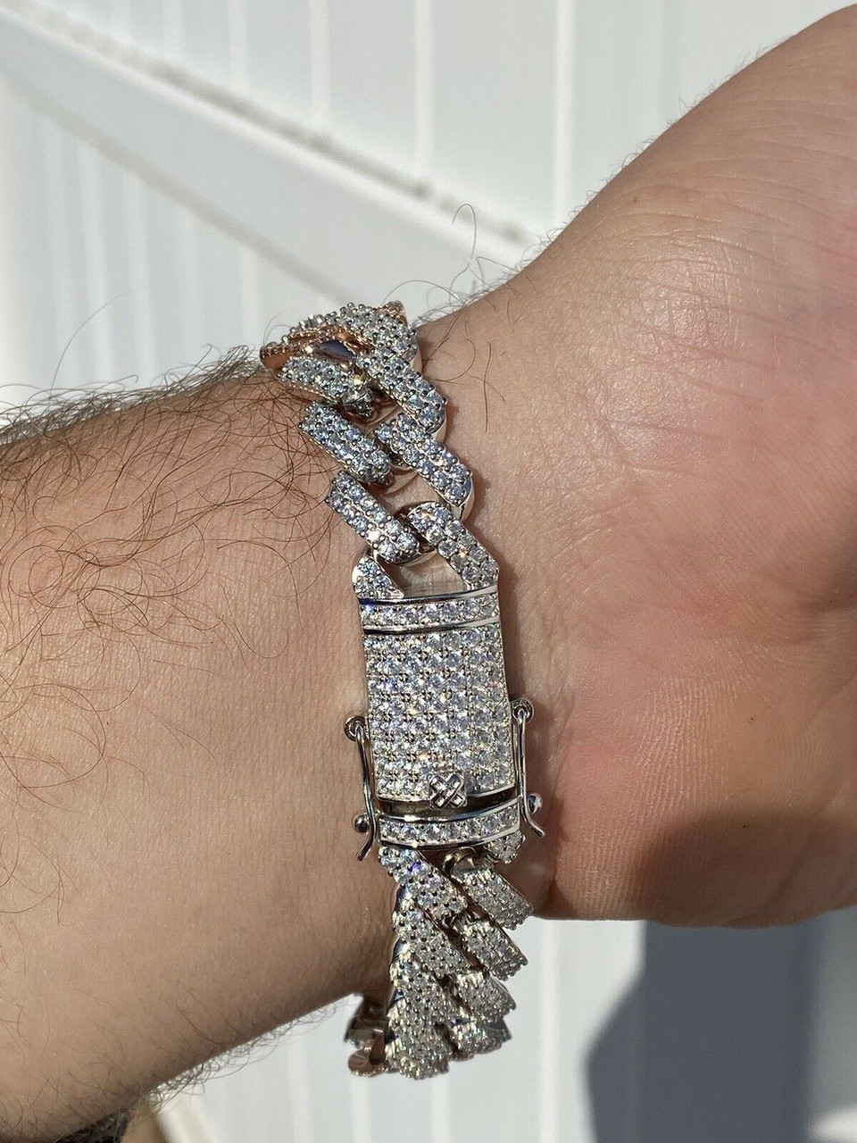 Real Solid 925 Silver Mens Miami Cuban Iced Gucci Link Bracelet Baguette  Diamond