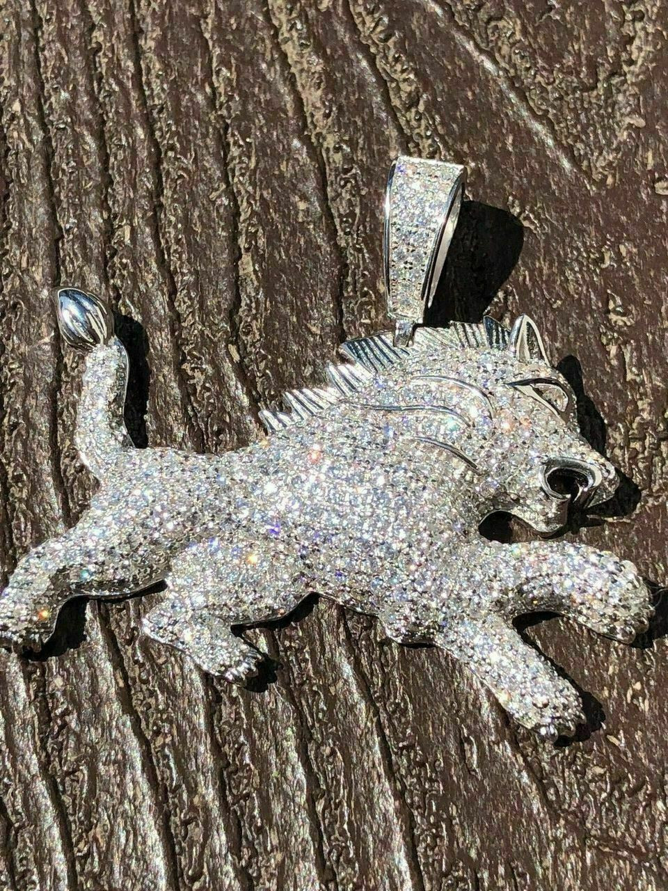 Mens Solid 925 Silver Real Iced 2ct Diamond Rasta Lion Icy Leo