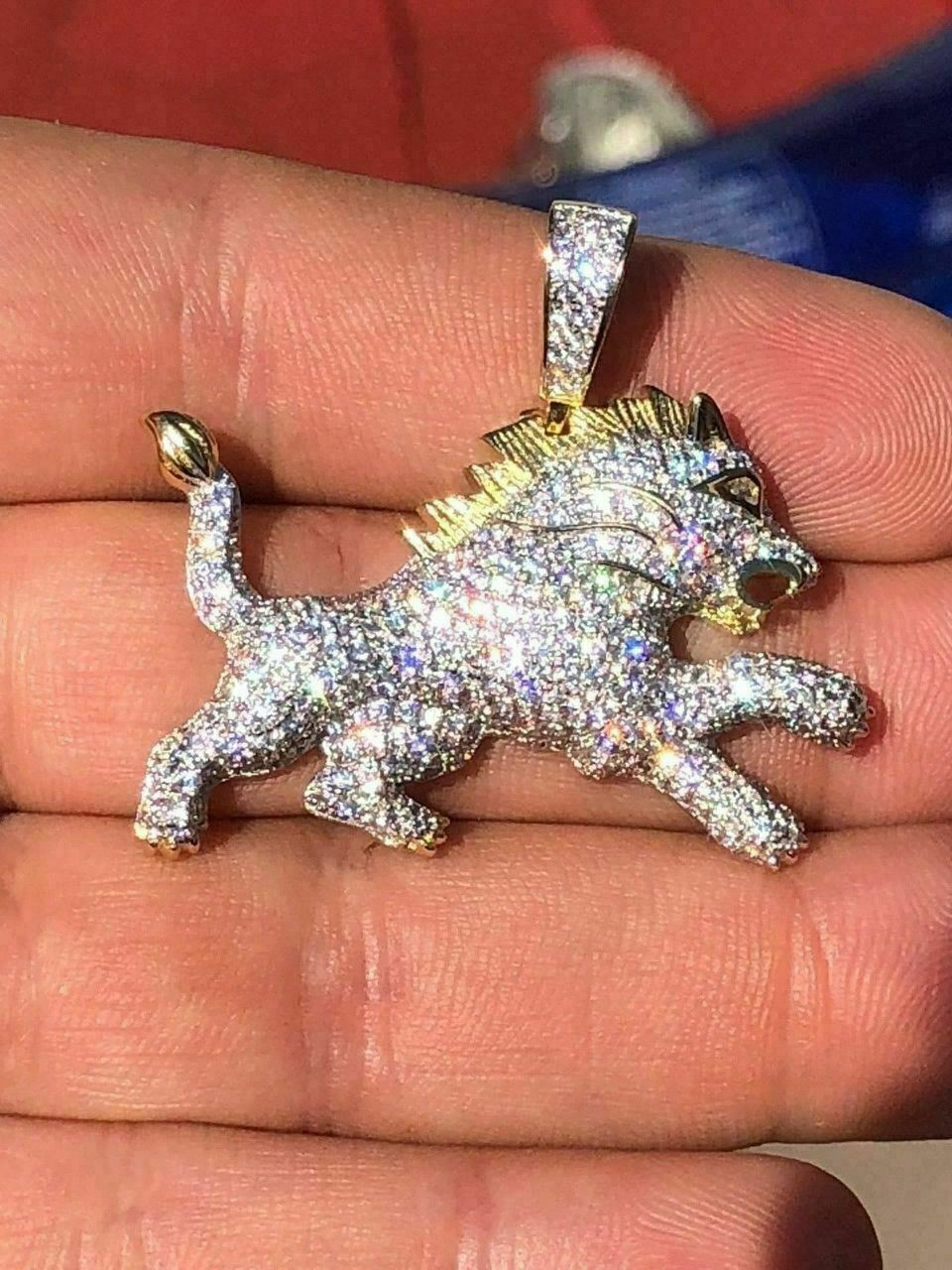 Mens Solid 925 Silver Super Icy Two Tone Diamond Rasta Lion Leo