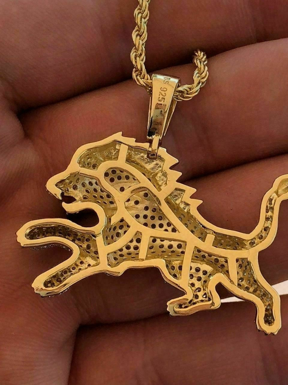 Mens Solid 925 Silver Super Icy Two Tone Diamond Rasta Lion Leo