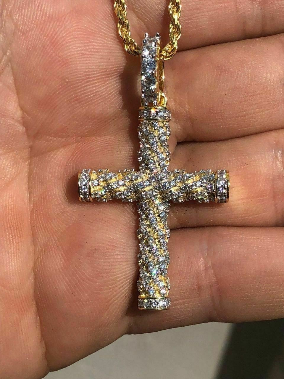 14k Gold Rope Chain Necklace Jesus Cross Charm Pendant CZ Set 18