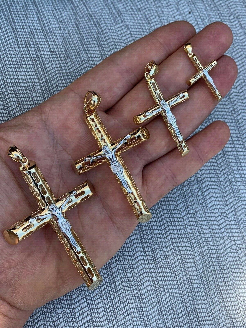 14k Gold Over Real Solid 925 Silver Cross Jesus Piece 4 Sizes Mens ...