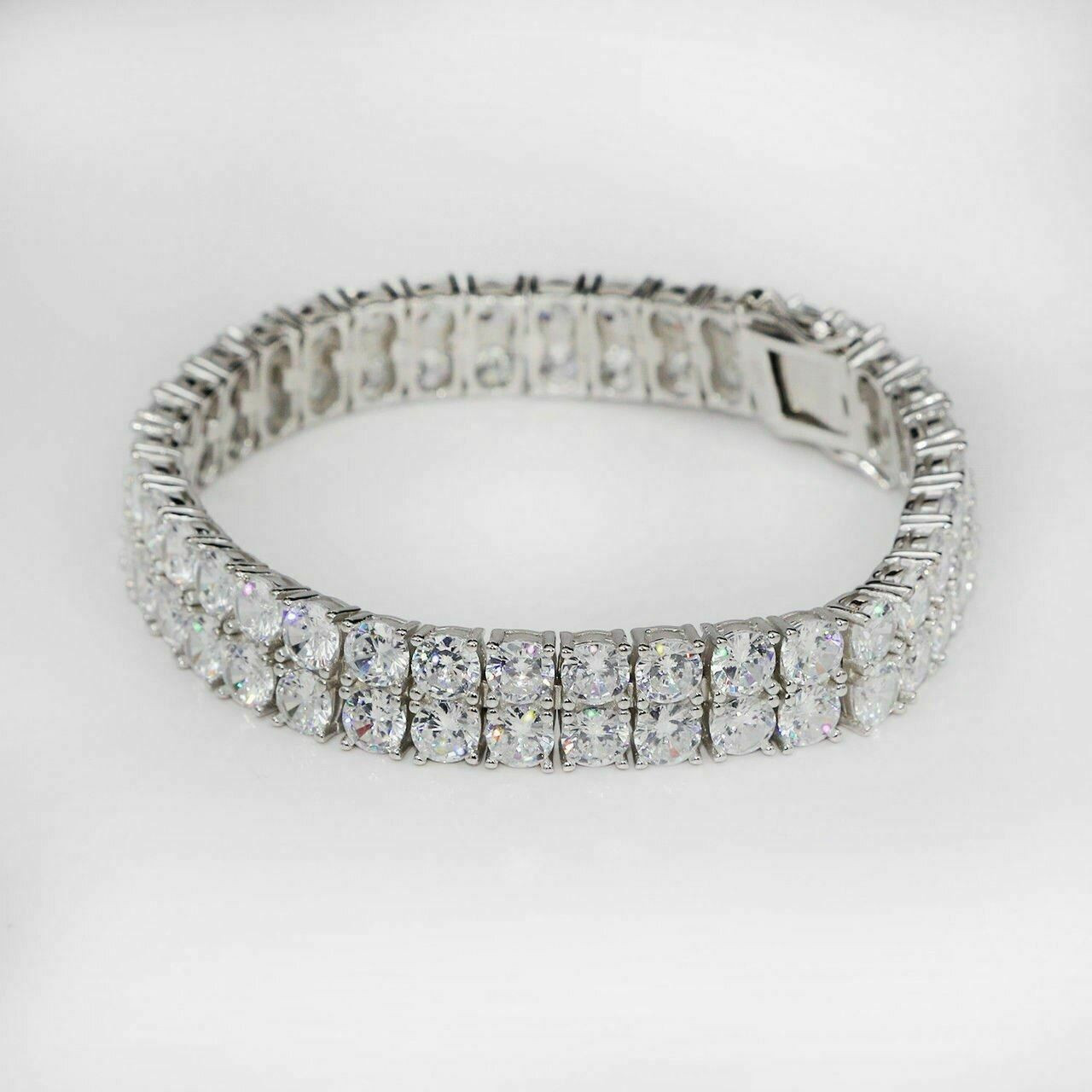 HarlemBling Solid 925 Sterling Silver Tennis Bracelet - 10mm Wide Two Row  Iced Flooded Out Cz Bracelet - Natural Silver Or 14k Yellow Or Rose Gold