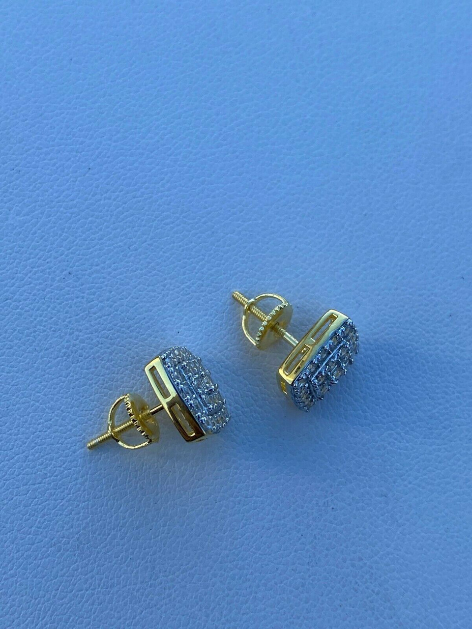 Real Solid 925 Silver Iced Diamond Earrings Screw Back 14k Gold