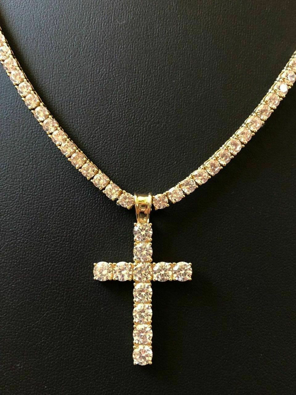 4mm Single Row Tennis Chain W. Cross 14k Gold & 925 Sterling Silver ...