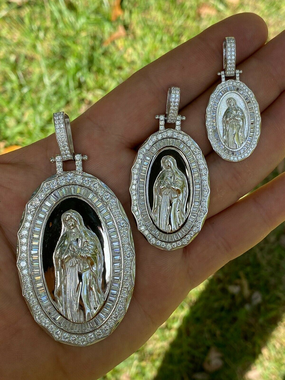 Real 925 Sterling Silver Virgin Mary Necklace Pendant Iced Diamond  Medallion Men