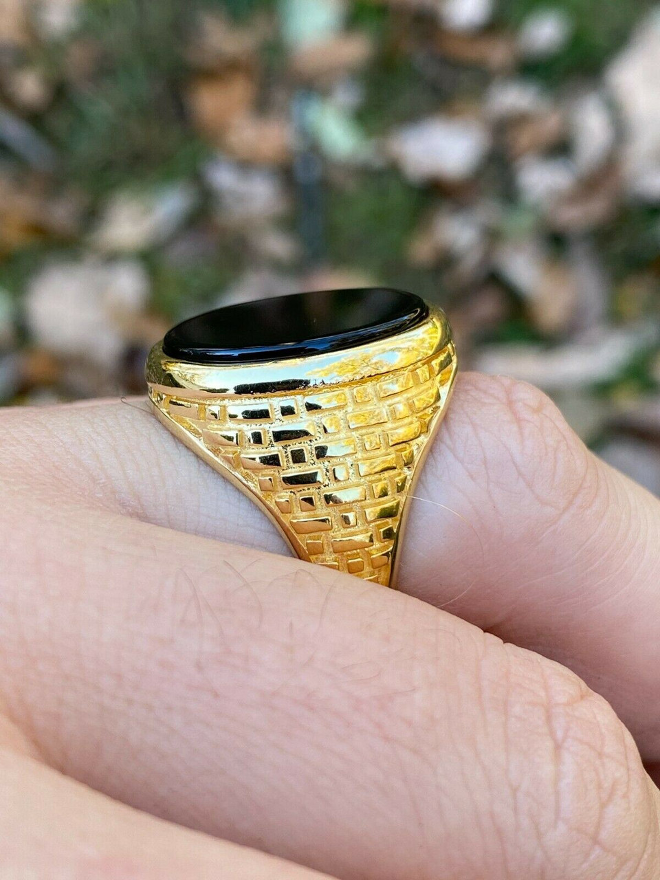 Solid 14k Gold Over Real 925 Sterling Silver Black Onyx Stone Mens LARGE  Ring