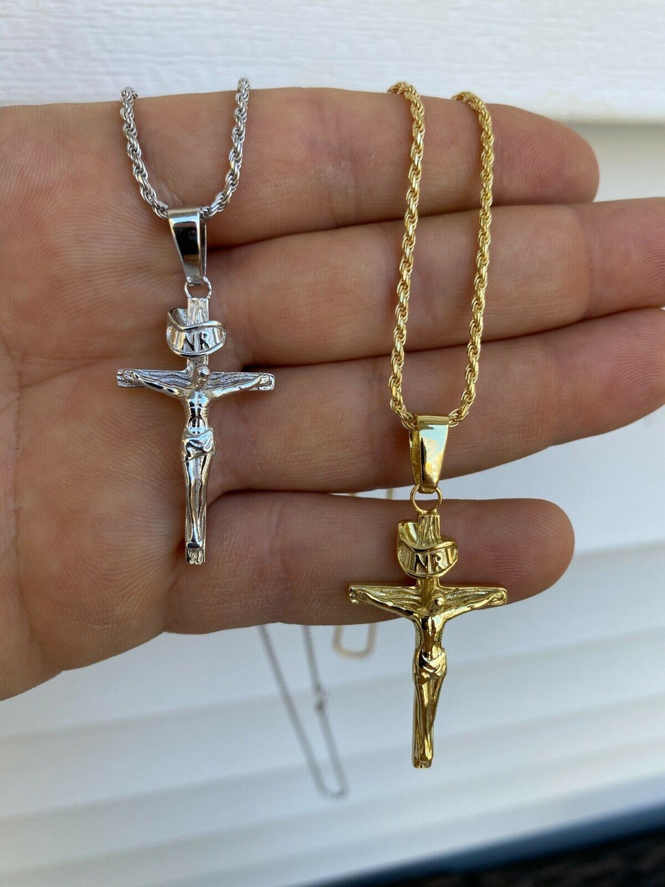 Real Solid 925 Sterling Silver Plain Gold Cross Jesus Crucifix Pendant  Necklace