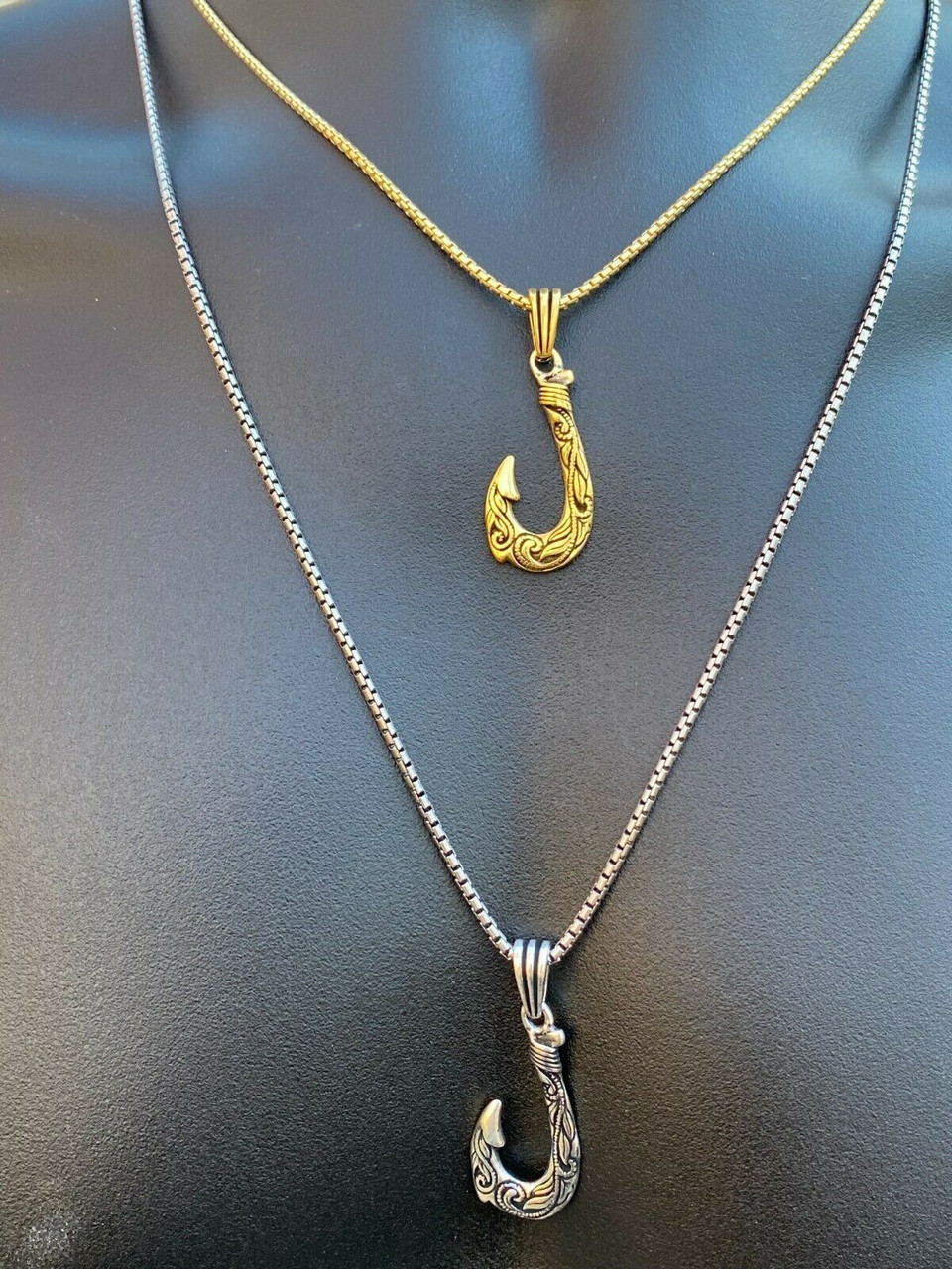 Real Solid 925 Sterling Silver Hawaiian Fishing Hook Large Mens Necklace  Gold