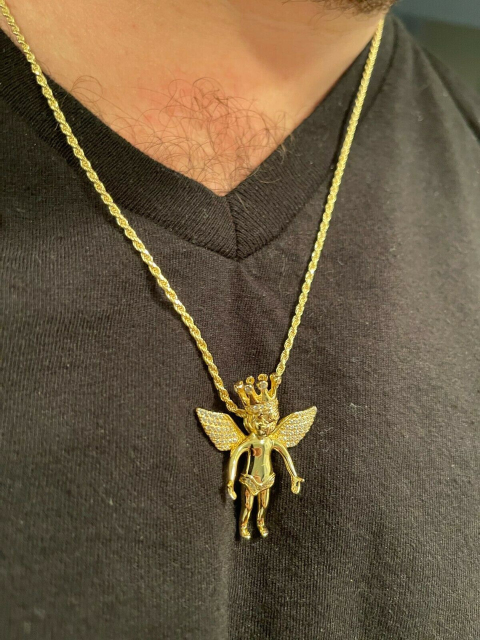 Gold Angel Pendant Necklace & 3mm Rope Chain Set – FAMED GOODS