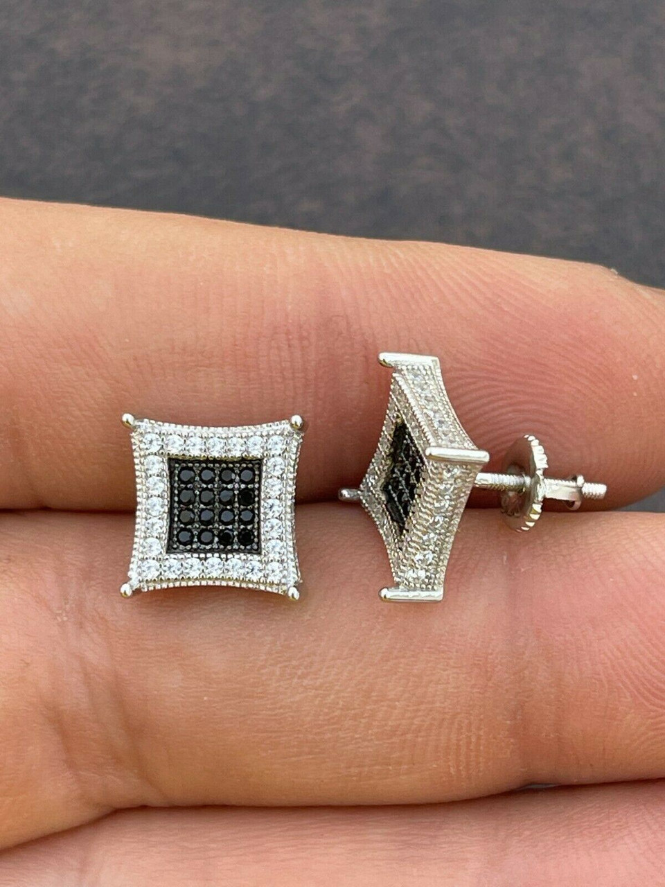 Mens 14K Gold & Real 925 Sterling Silver Iced Kite Black Diamond Earrings  Studs