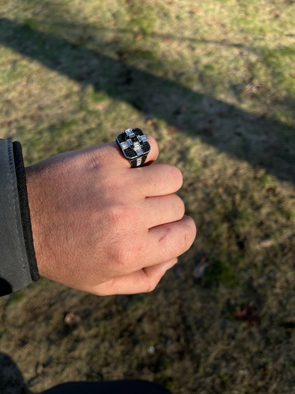 Large Real Solid 925 Sterling Silver Men's Baguette Black Diamond Ring ...