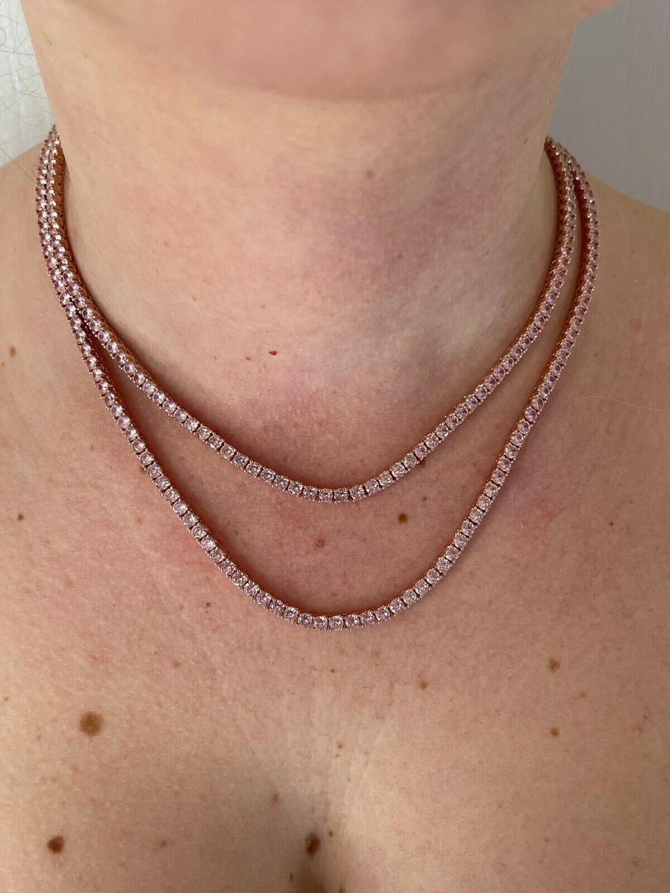 Tennis Chain Real 925 Sterling Silver 14k Rose Gold Finish Pink