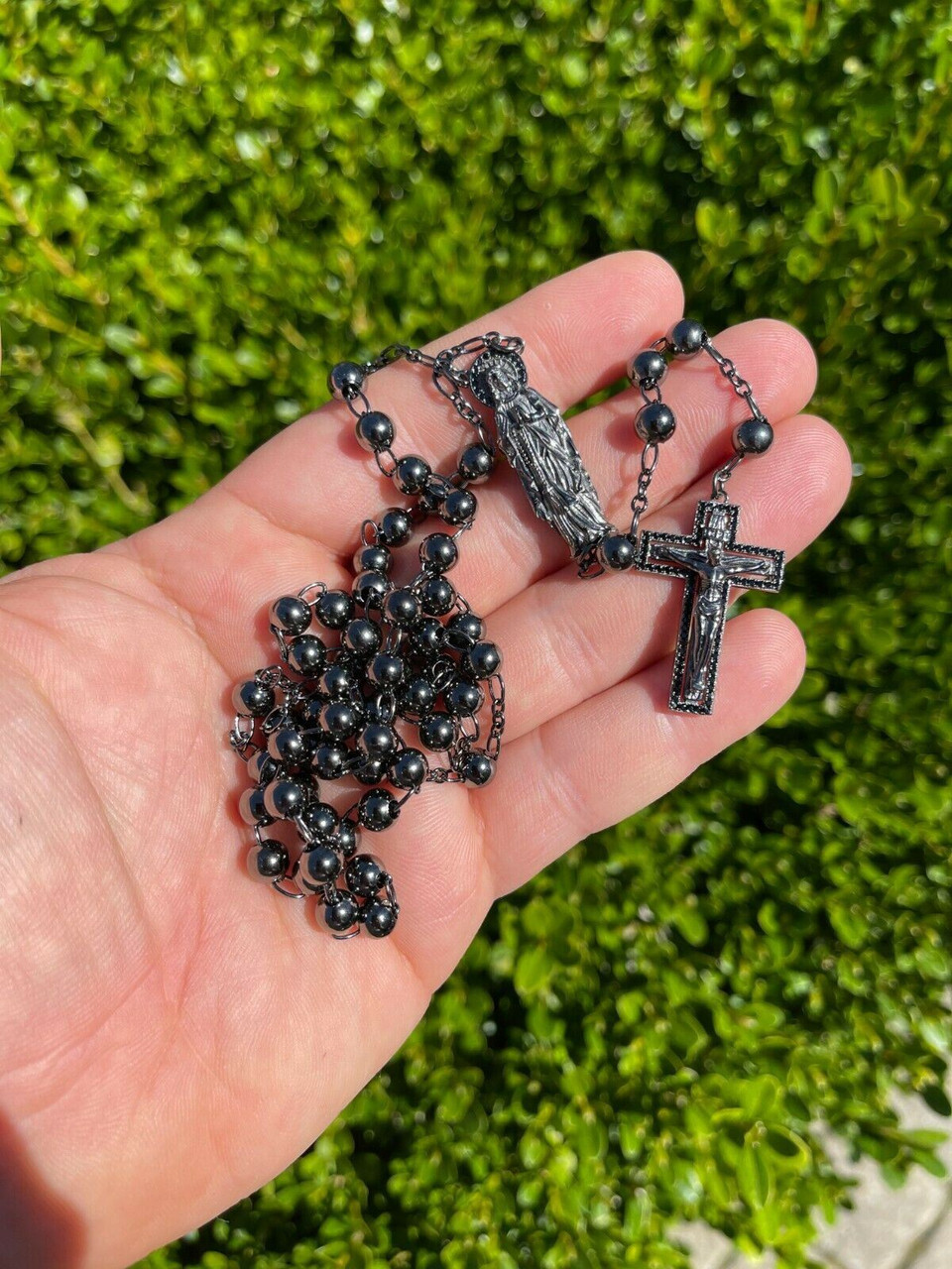 Copper Crucifix, 7mm Black Rosary And Brown Leather Adjustable - St. B —  Agapao Store