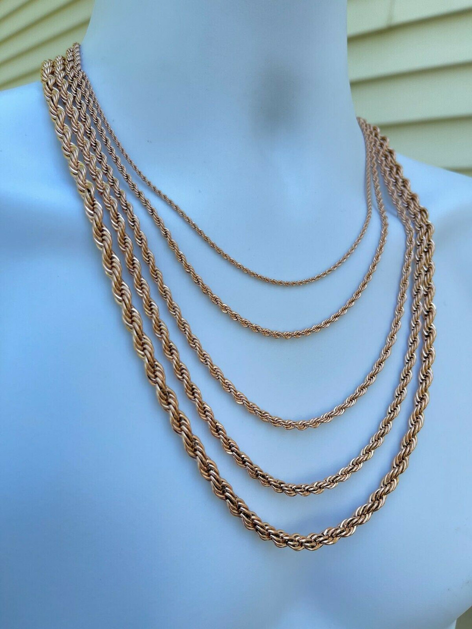 Men's Real Rope Chain Necklace 14k Rose Gold Over Stainless Steel 2mm-6mm  18-30
