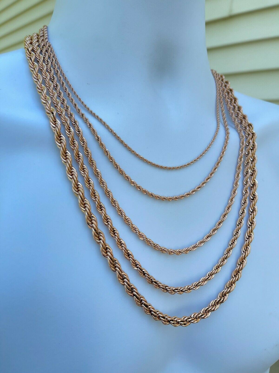 Men's Real Rope Chain Necklace 14k Rose Gold Over Stainless Steel