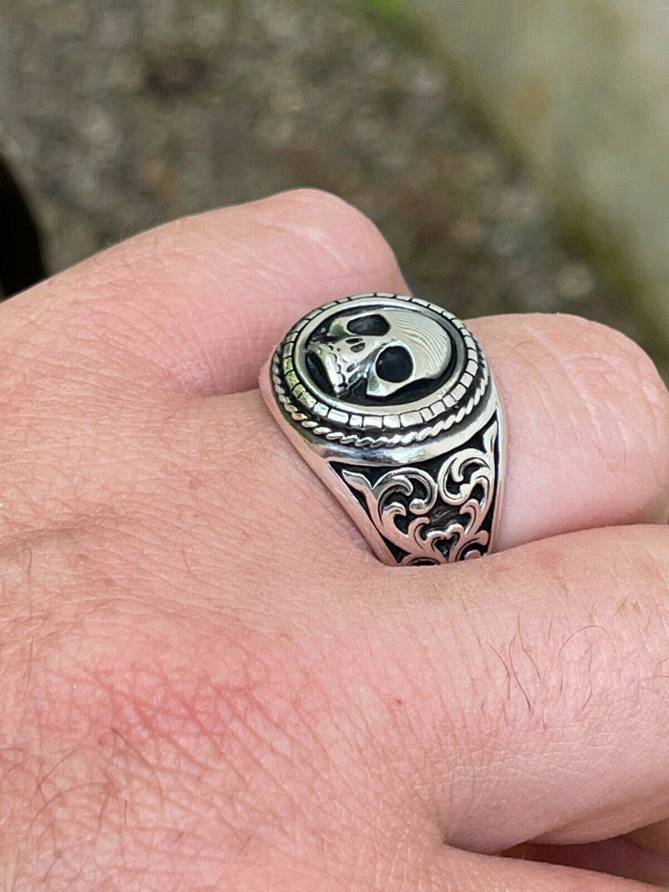 Real 925 Sterling Silver Mens Skull Ring Vintage Oxidized Black Rhodium