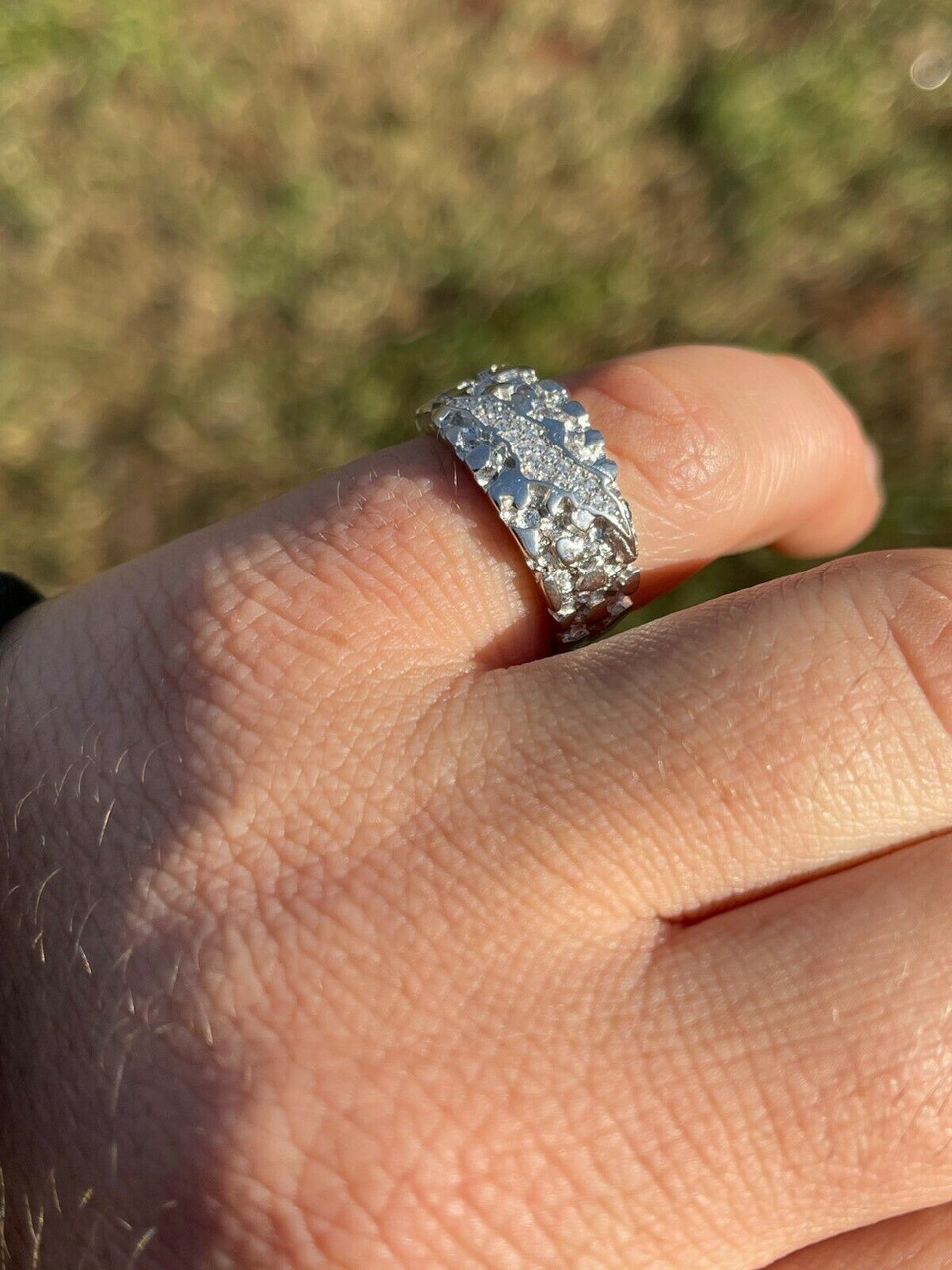 Mens REAL Solid 925 Silver Nugget Band Ring Iced Moissanite Pass