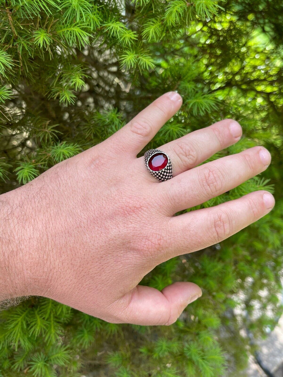 Mens Plain Real 925 Sterling Silver Ruby Red Stone Ring Pinky Or Signet ...