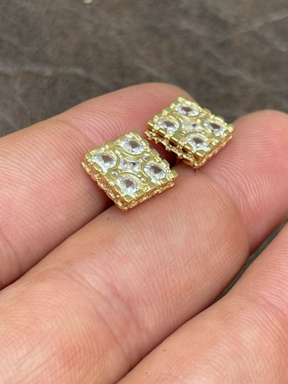 14K Yellow Gold Vermeil 925 Genuine Natural Diamond Square Studs