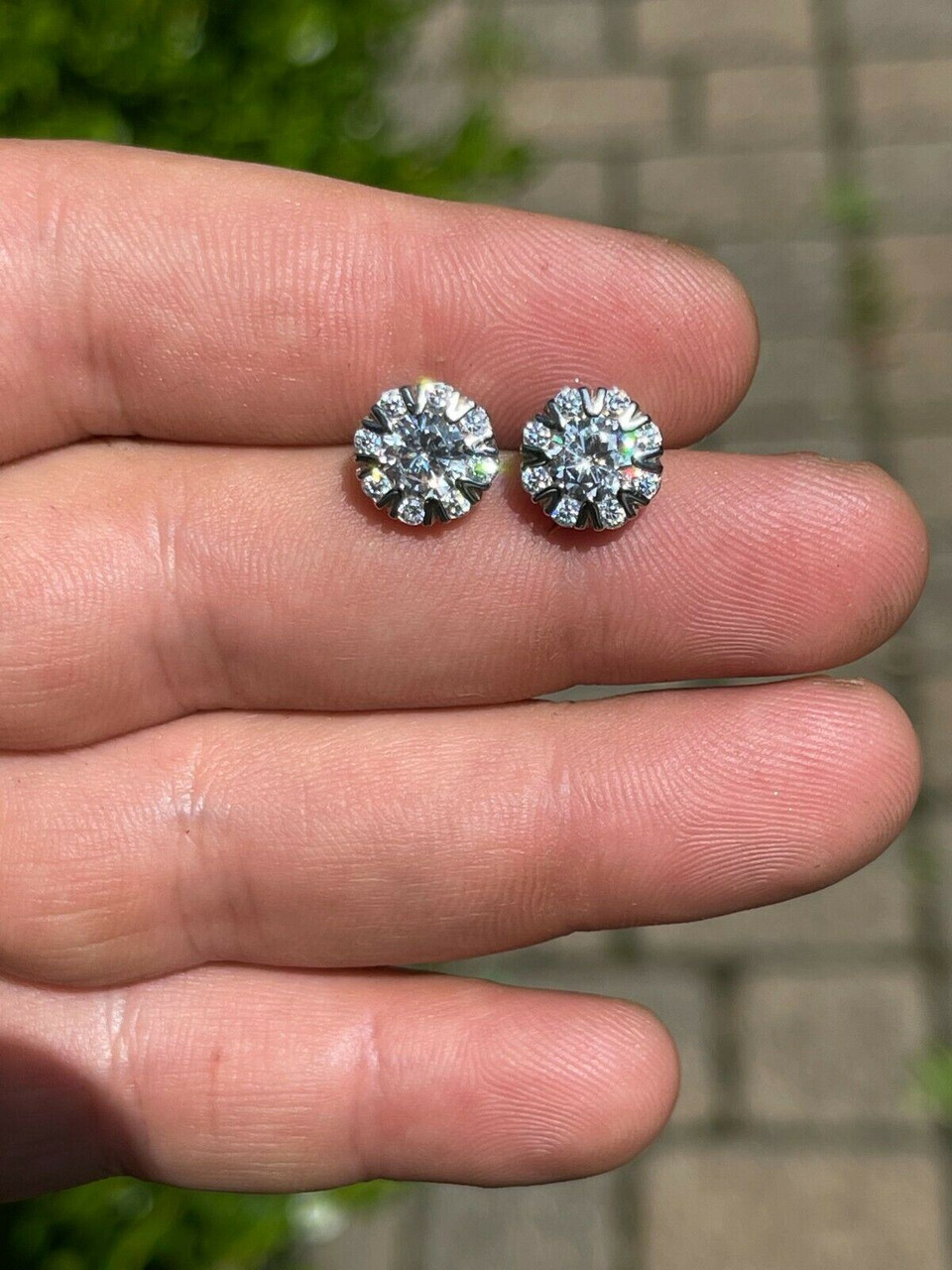 Real Solid 925 Silver Iced CZ Out Hip Hop Earrings Studs Large 10mm Mens  Ladies