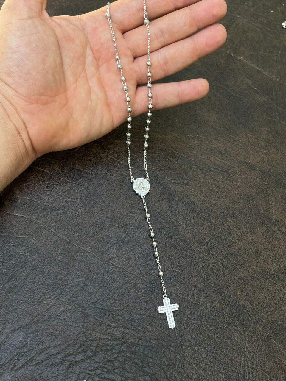 Rosary Beads Necklace Real 925 Sterling Silver Rosario Iced