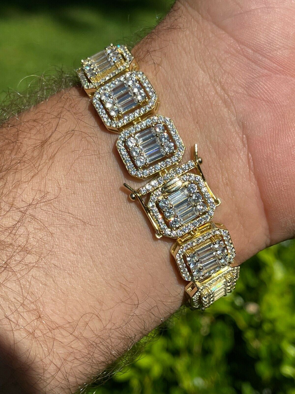 Mens 14k Gold Vermeil Real 925 Silver Baguette Iced Bracelet 15mm Thick  Diamonds