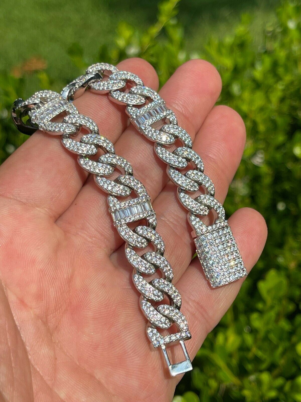 Real Solid 925 Silver Mens Miami Cuban Iced Gucci Link Bracelet Baguette  Diamond