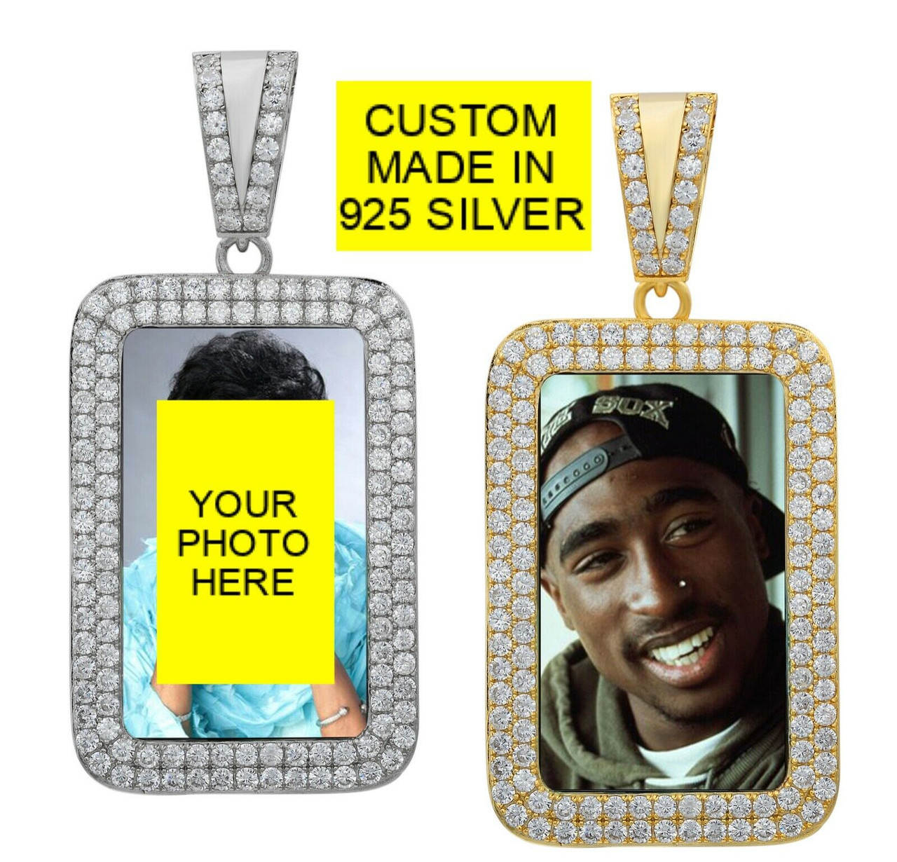 Solid 925 Silver Custom Hip Hip Photo Pendant Dog Tag Iced CZ