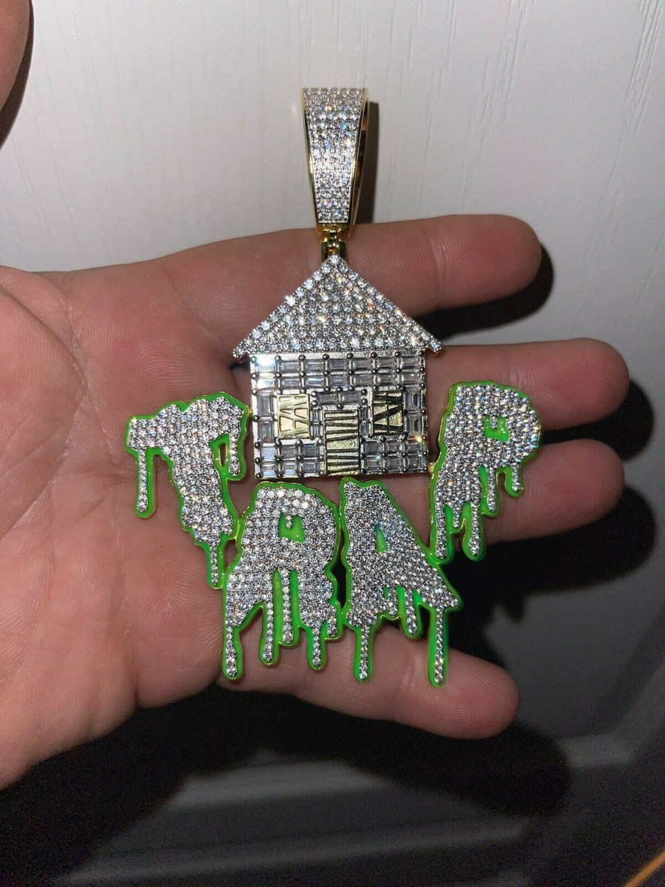 Real 925 Silver Gold HUGE 3" Glows In Dark HOUSE TRAP Hip Hop Pendant