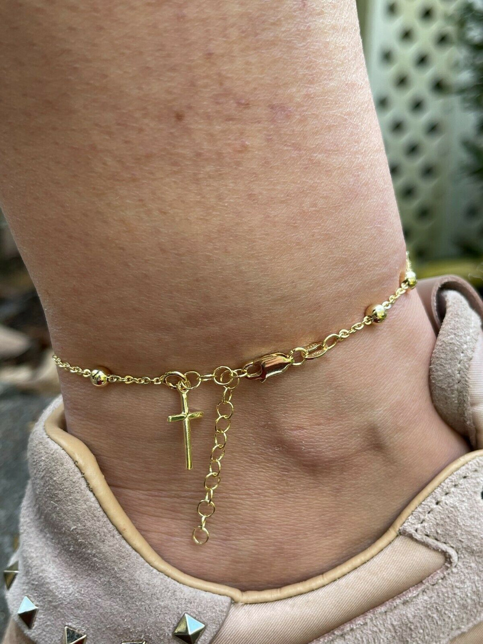 Ankle Bracelet Rosary Cross Beads Anklet 925 Sterling Silver Adjustable  8-11.5 - HarlemBling