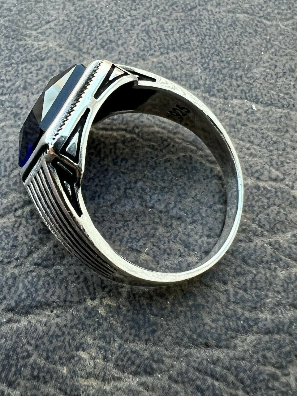 Mens Real Solid 925 Sterling Silver Dark Navy Blue Sapphire Stone