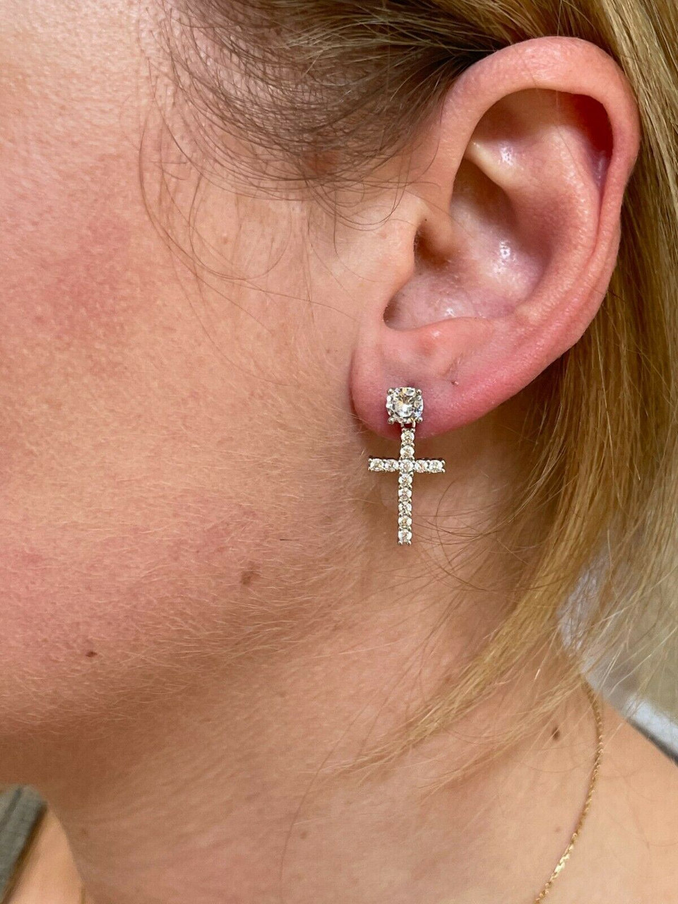 Mens Gold Stainless Steel Cross Earrings With Cubic Zirconia