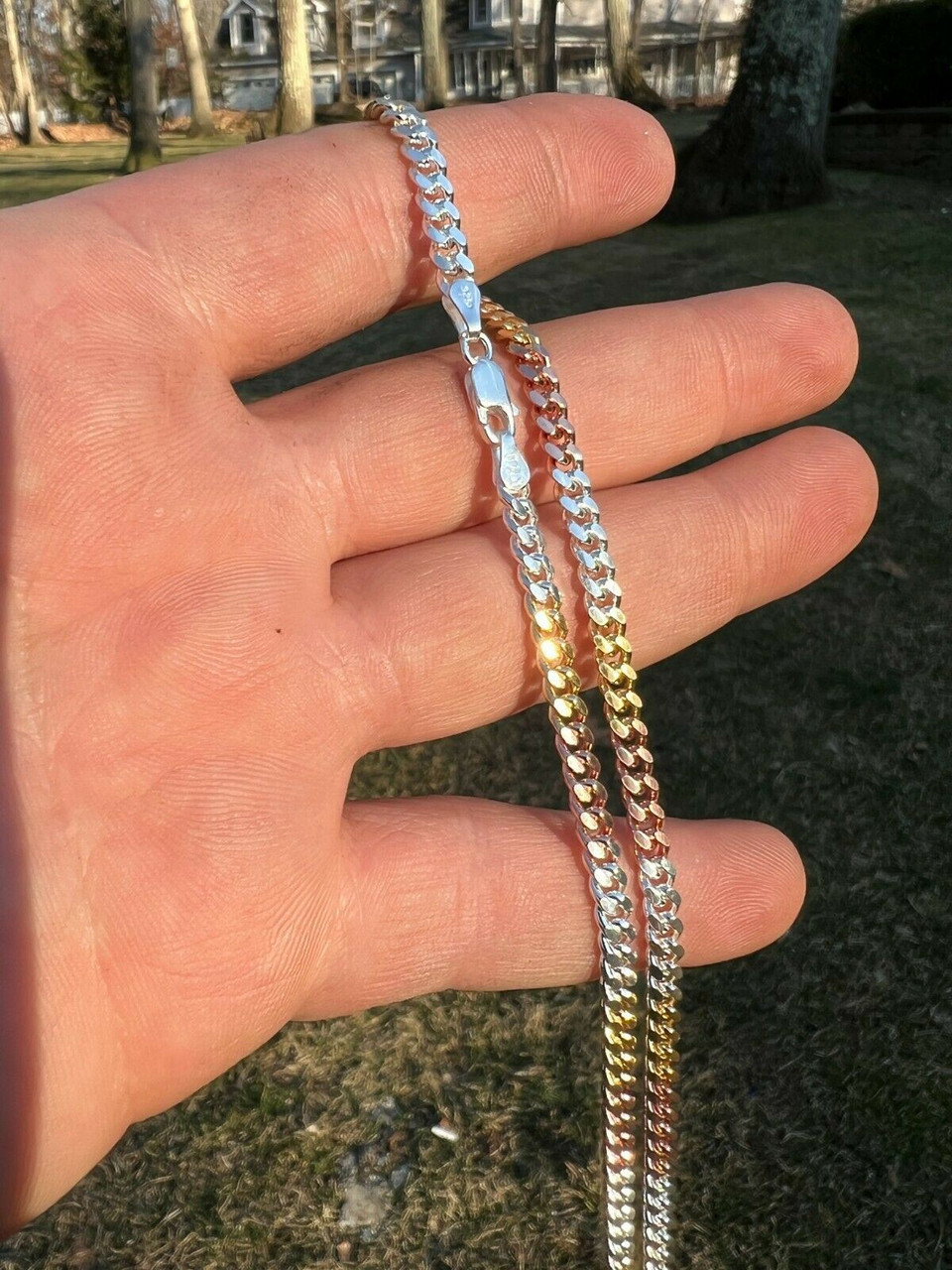 Tri Color Yellow Rose Gold & 925 Sterling Silver Miami Cuban Chain