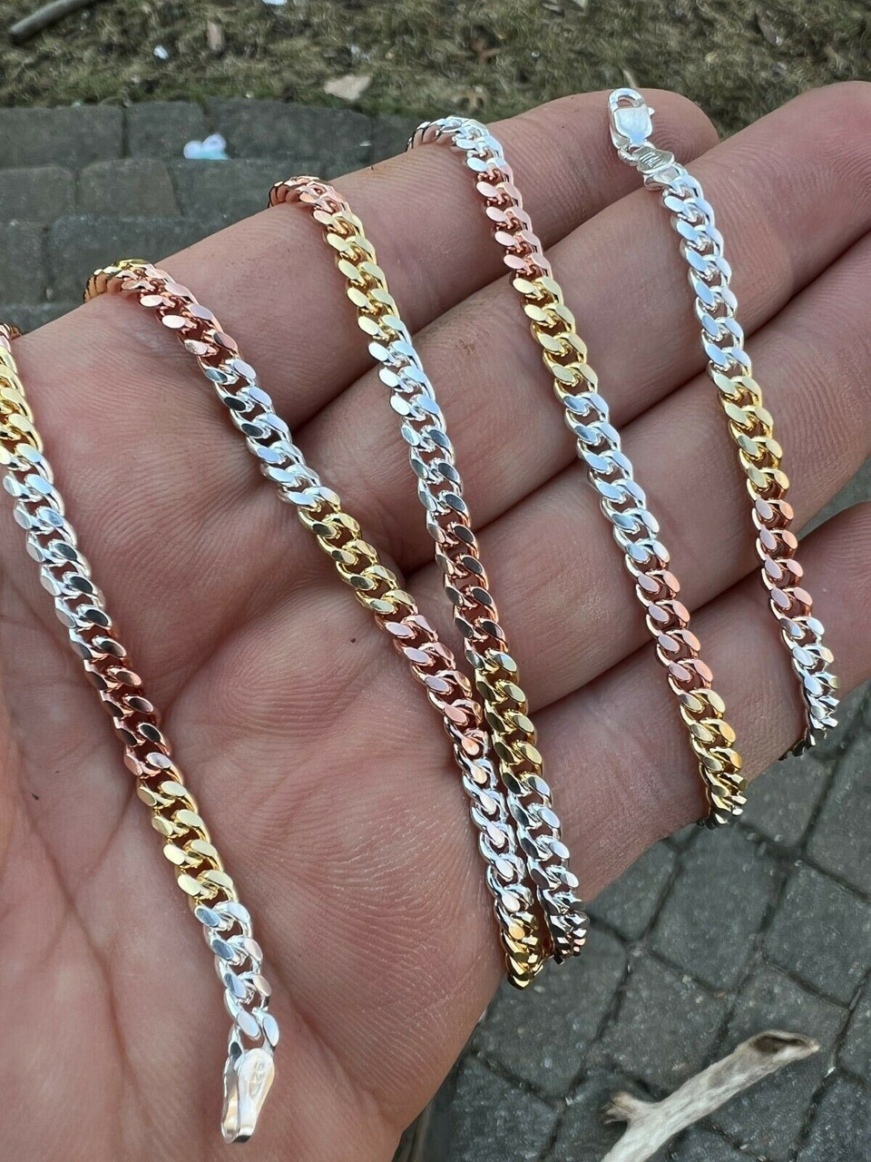 Women's 3MM Tri Color 925 Sterling Silver/rose Gold/yellow Gold