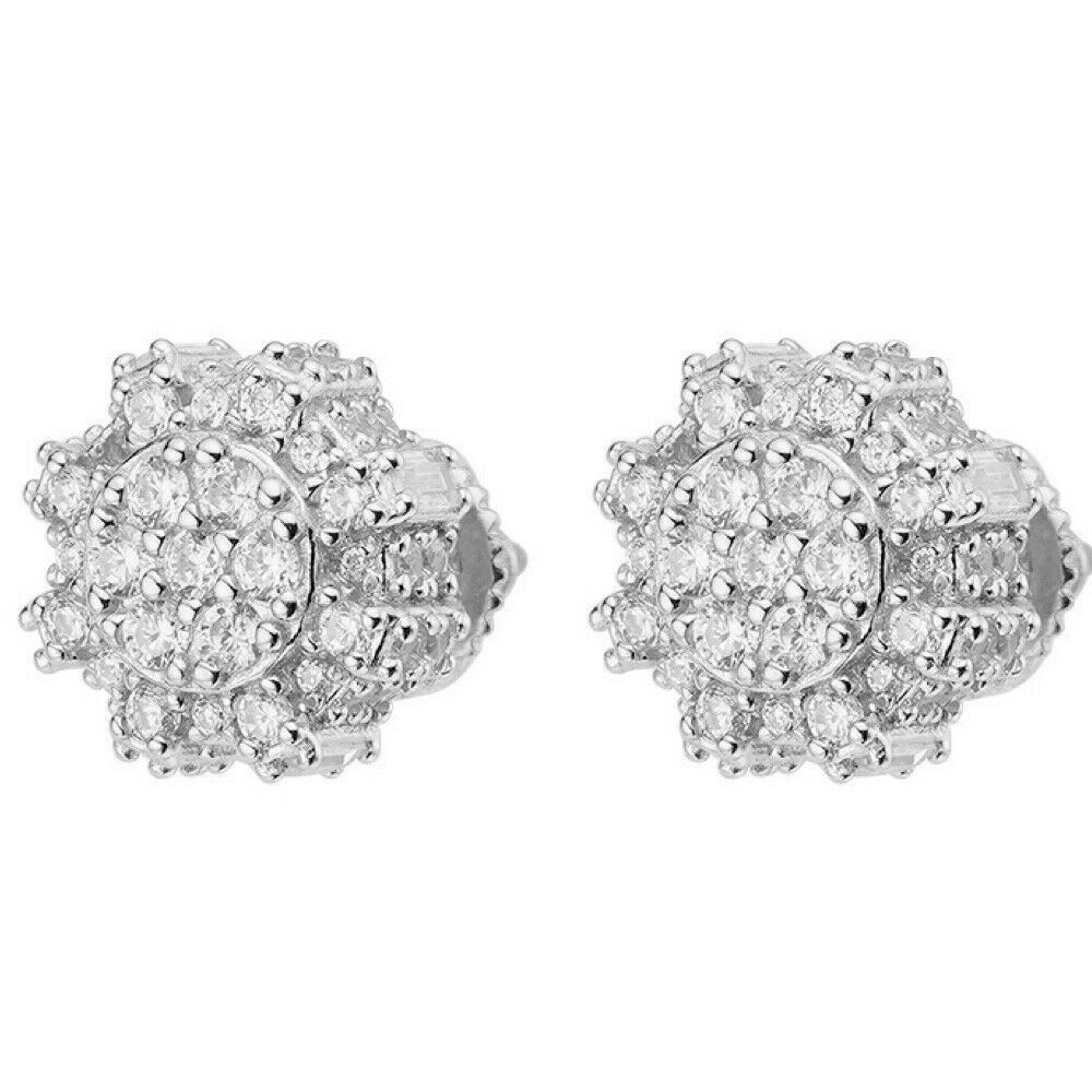 Screwback Earrings Square 10mm Real 925 Silver CZ Iced Large Mens