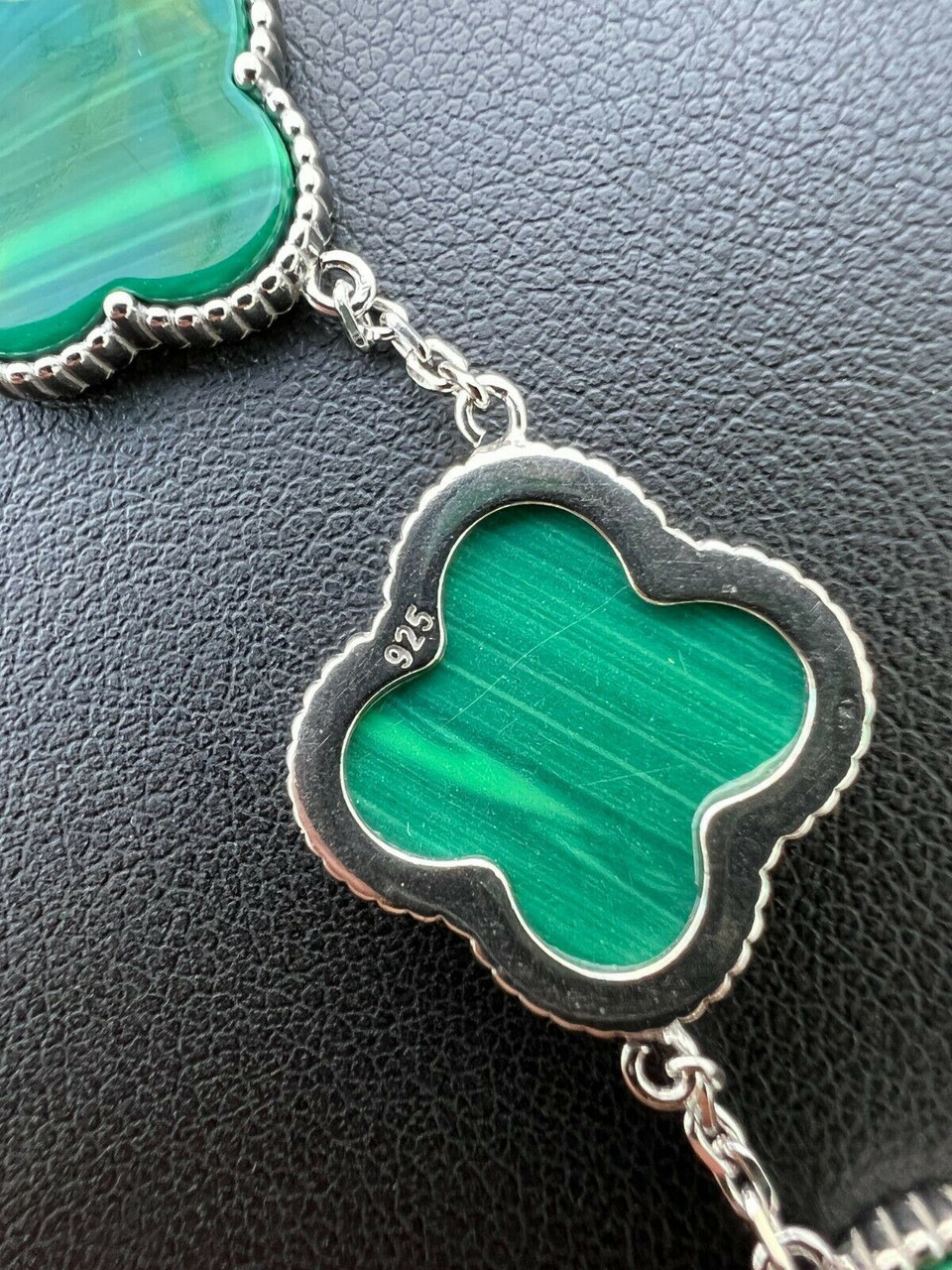 Real 925 Sterling Silver Green Malachite Four Leaf Clover Flower
