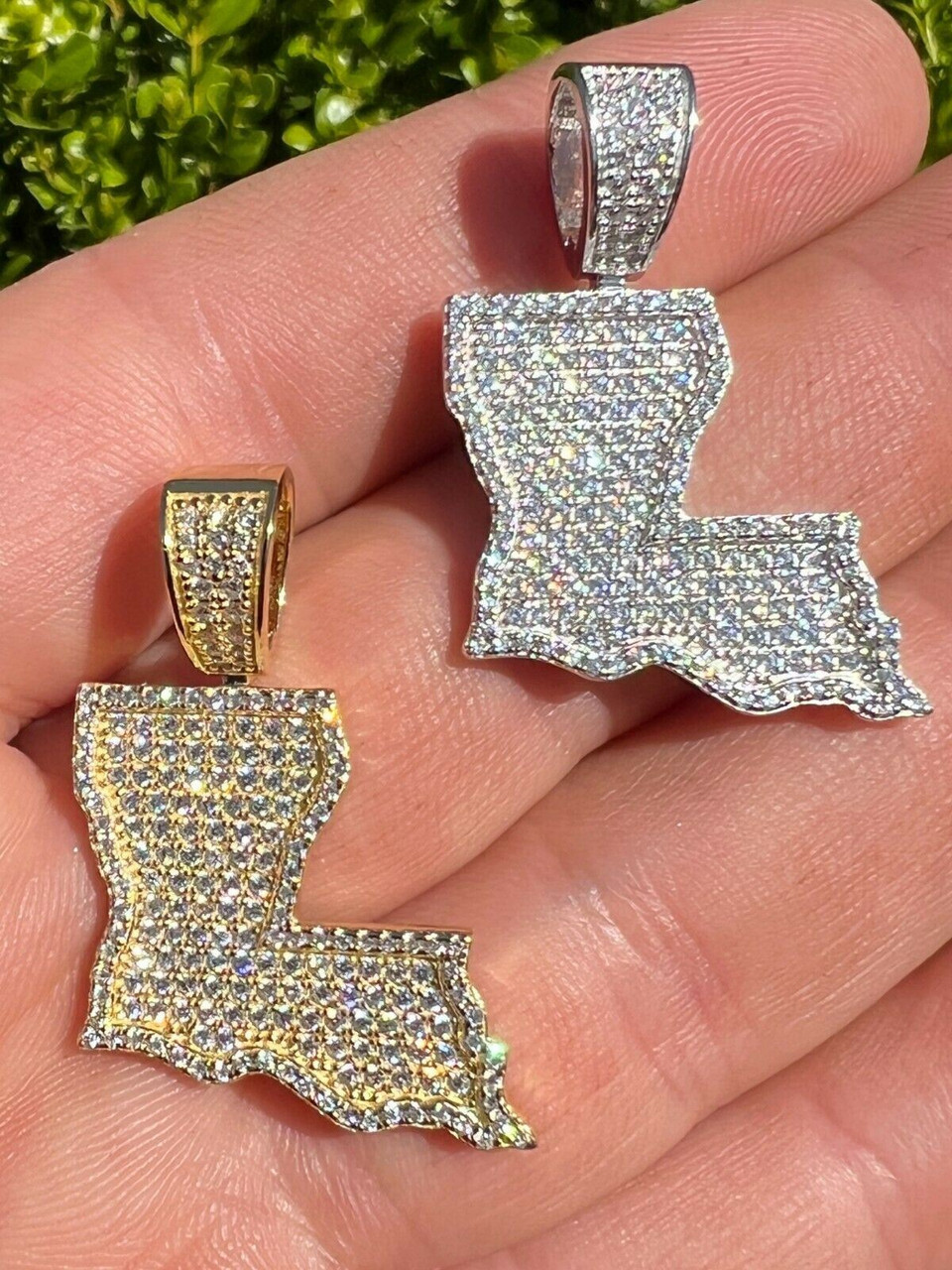 Real 925 Silver Hip Hop Louisiana State Shape Pendant Iced Diamond Necklace  Gold