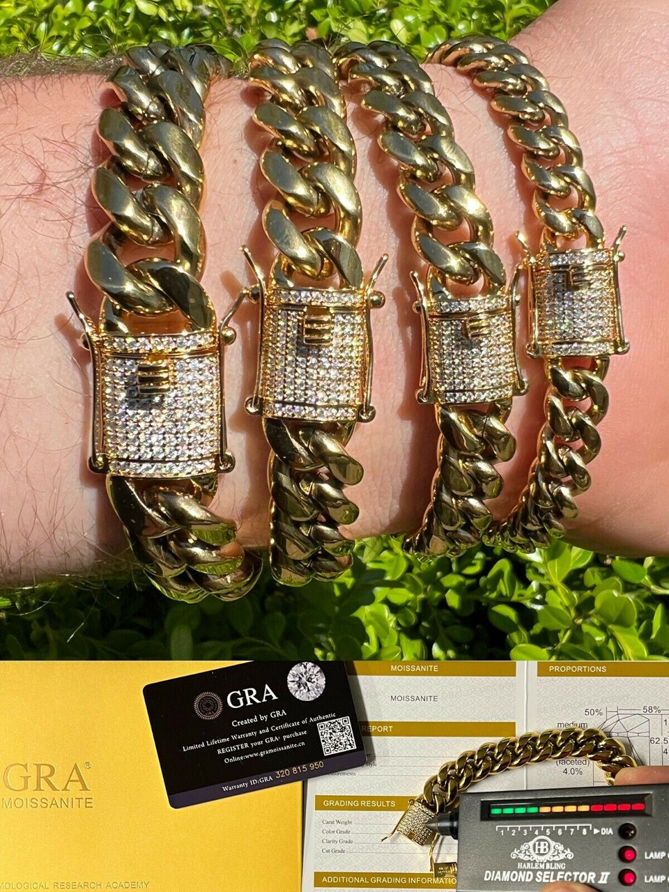 Real 14k Gold Vermeil Miami Cuban Bracelet Iced MOISSANITE Pass Diamond ...