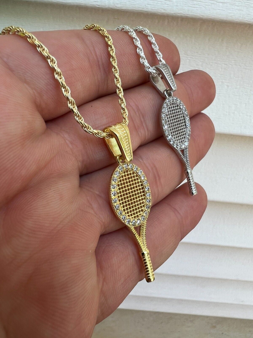 Real 925 Silver / 14k Gold Plated Tennis Racket Pendant Necklace